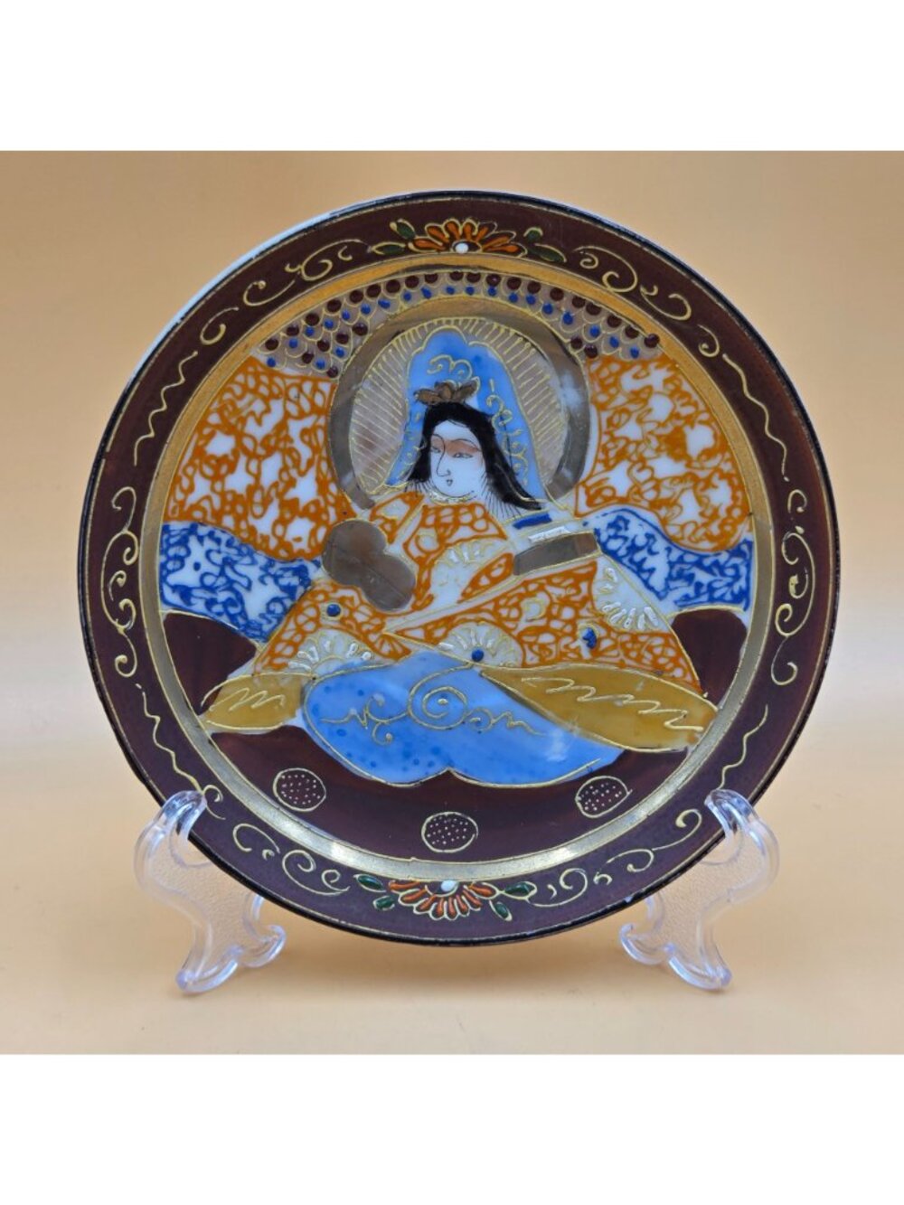 Vintage Japanese Satsuma Moriage Kannon Arhat Hand Painted Saucer Set 2